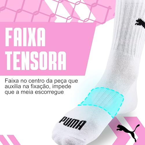 PUMA Kit 9 Pares Meia Feminina Sola Atoalhada Esportiva Cano Médio Adulto, 9 Branco, 34-39