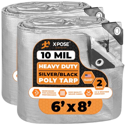 Image of Heavy Duty Poly Tarp - 6' x 8' (2-Pack) - 10 Mil Thick Waterproof, UV Blocking Protective Cover - Reversible Silver and Black - Laminated Coating - Grommets - by Xpose Safety