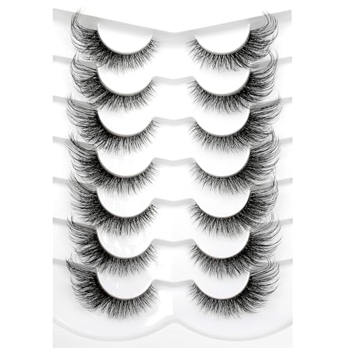 Pooplunch False Eyelashes Foxy Cat Eye Look Natural Lashes Wispy Short Extension Fluffy Volume Clear Band Faux Mink Fake Eyelash Strips 7 Pairs Pack