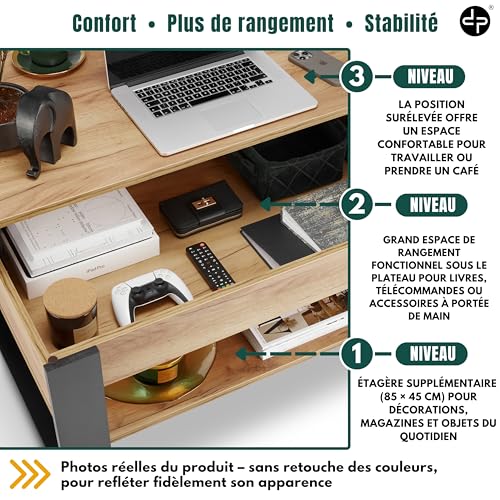 Table basse relevable rangement XL FSC Noir/Chêne defiPad