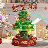 Musical Christmas Tree Decor with Rotating Train & Rotating Santa Elk - Christmas Tree Figurines with LED Colorful Lights for Home Tabletop Decor, Xmas Decor Gift for Friend and Family