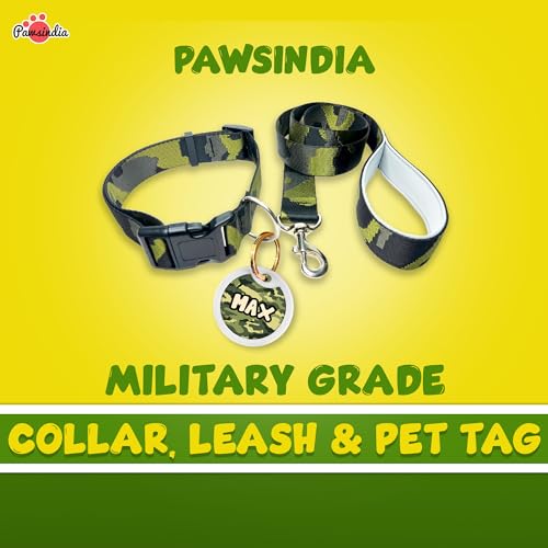 Image of Pawsindia Leash and Collar with Name Tag for Dogs, Army Print with 1.5 Inches Width Adjustable Collar and 4 Feet Heavy Duty Leash with Customize Nametag,Nylon