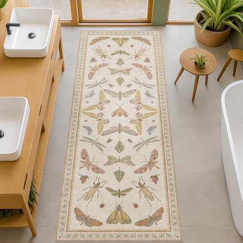 Boho 2x5 Long Bathroom Rug - Laundry Room Rug Runner for Kitchen, Washable Non Slip Soft Stain Reistant Beige and Yellow Neutral Insect Design Decor 2' x 5' (Runner) Beige / Multi