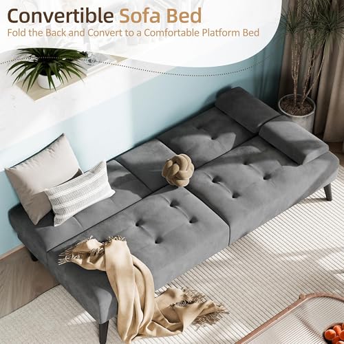 Image of Shintenchi Futon Sofa Bed, Velvet Foldable Couch, Reclining Sleeper with Removable Armrests, Upholstered Loveseat Sofa Couch with Folding Cup Holders for Home, Office, Gray