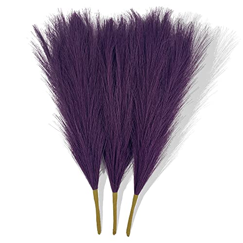 Acfruits Faux Pampas Grass, Artificial Pampas Grass Fluffy 3 Pcs Dark Purple Pompous Grass Flower Arrangement and Vase Filler for Boho Home Wedding Decoration