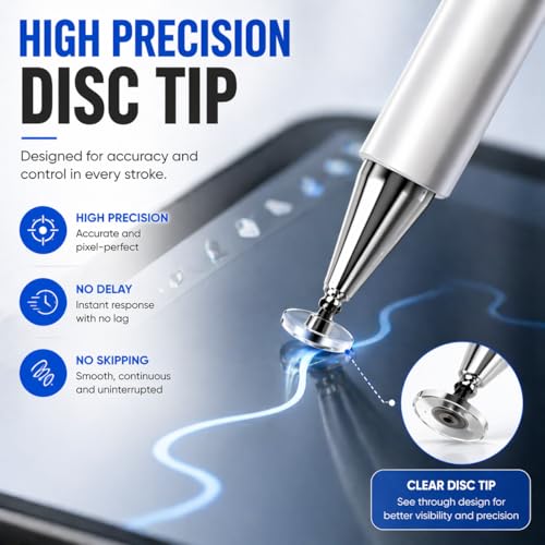 Image of Mizi Universal Stylus Pen for Touch Screens, 2-in-1 Disc & Fibre Tip Stylus for iPad, iPhone, Android, Tablet, Chromebook, Kindle, Switch - High Precision, No Bluetooth, Magnetic Cap - White