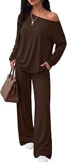 Trendy Queen 2 Piece Lounge Sets for Women 2026 Fall Outfits Sweat Sets | Off The Shoulder Oversized Tshirts & Wide Leg Pants with Pockets, Airport Travel Outfits, Fall Fashion Clothes Matching Sets