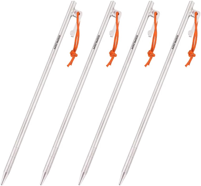 Soomloom Tent, Tarp Pegs/Stakes, 64 Titanium Alloy, with Fixed Rope, 0.3 inch (7.5 mm) x 9.8 inches (25 cm), High Strength, Corrosion Resistant, Ultra Lightweight, Outdoor Camping Equipment (Set of 4,
