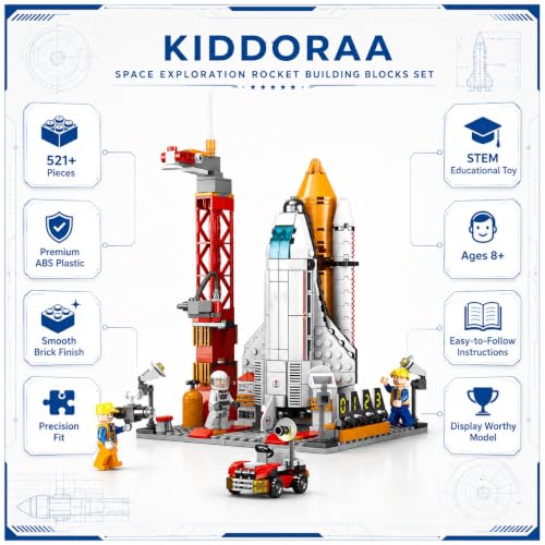 Image of Space Exploration Rocket & Launcher Building Blocks Set, 521+ PCS STEM Aerospace Construction Model Kit for Kids | Educational Building Toy | 1 Year Manufacturing Warranty