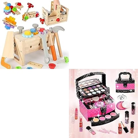 Vextronic Wooden Kids Tool Set with Tool Box/Bench 29 PCS and Kids Makeup Kit for Girl Cover