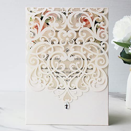 Hosmsua 50Pcs White Wedding Invitations Kit 5 X 7.3 Inch Laser Cut Hollow Rose Rhinestone Pocket With Envelope For Quinceanera Bridal Shower Invite (White Ivory) #TOP2