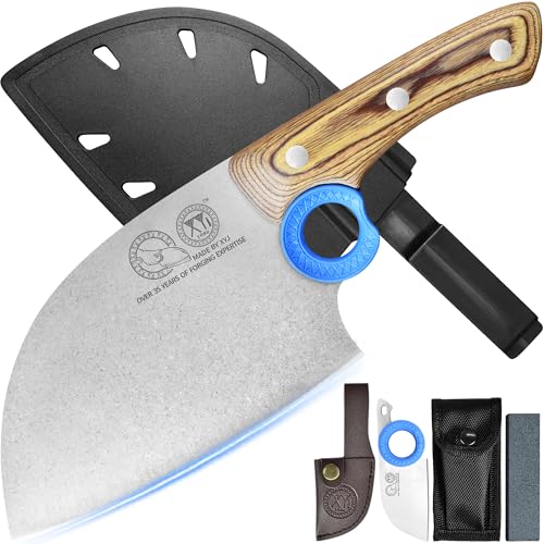 XYJ Authentic Since 1986,Heavy Duty Large Meat Cleaver,Serbian Chef Butcher Knife with Case,Chefs Vegetable Kitchen Knife,Full Tang for Outdoor...