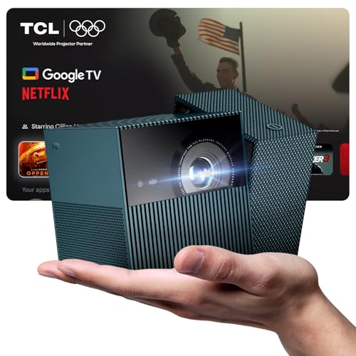TCL PlayCube DLP Mini Beamer 4K Full HD, Offizielles Google TV (APV/Netflix/Disney), mit Akku, 750 ISO Lumen, Bluetooth und WiFi, Autofokus, Trapezkor