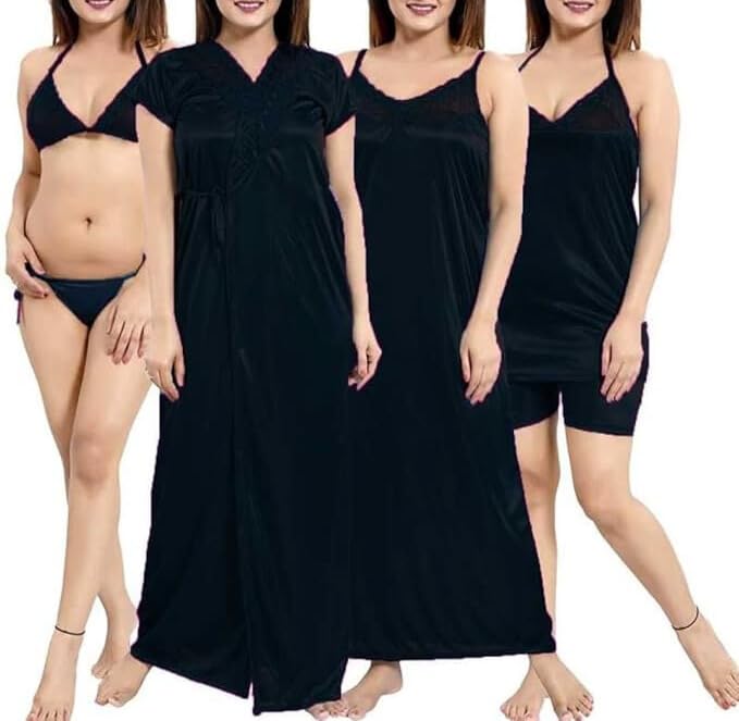 Satin Nighty Suit Night Dress Women Satin Nighty Set- Nightwear Set 6 Piece Girl, Ladies, Night Gown for Women Black-image-44
