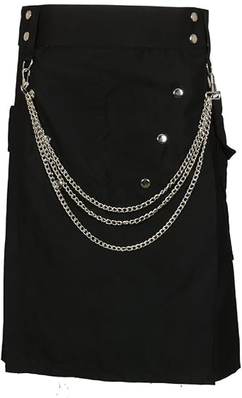 Scottish Designer Men's Black Scottish Kilt with Silver Chains