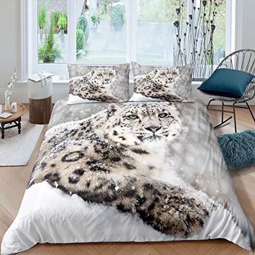 Erosebridal Leopard Print Duver Cover King Cheetah Bedding Set Snow Room Decorative Comforter Cover Set Wildlife Animal Bedding Set Winter Theme Quilt Cover for Kids Boys Girls Adult