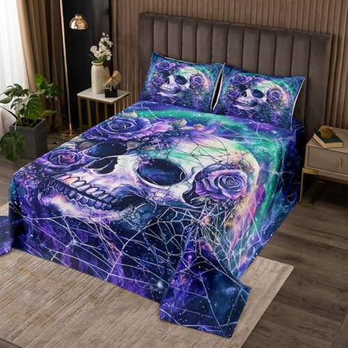 Castle Fairy Halloween Skull Coverlet Set Queen Size,Gothic Sugar Skeleton Rose Floral Durable Bedspread for Girls Teens,Spider Web Blue Starry Galaxy Soft Polyester Quilt Set, with 2 Pillowcases