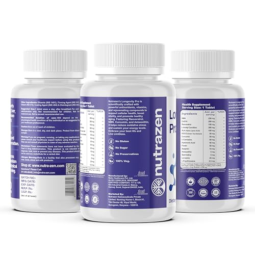 Image of Nutrazen Longevity Pro (PO2-60 Tablets) - 60 Days Dosage | Resveratrol, NMN, CoQ10, L-Acetyl Carnitine,EGCG, Curcumin, L-Camosine, Hyaluronic Acid, Fisetin, Apigenin, Astaxanthin, Spermidine, Lycopene