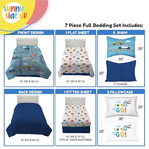 Image of Sunny Side Up On The Go Full Comforter Set - 7 Piece Kids Bedding Includes Comforter, Sheets & Pillow Cover - Super Soft Vehicles Microfiber Bed Set