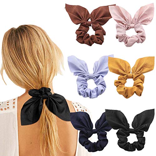 Chennie Bowknot Bunny Chiffon Hair Scrunchies Bow Ties HeadBands Elastic Ropes Rabbit Ears Hair Accessories Vintage Ponytail Holder Scrunchy Ties For Women and Girls (6PCS)