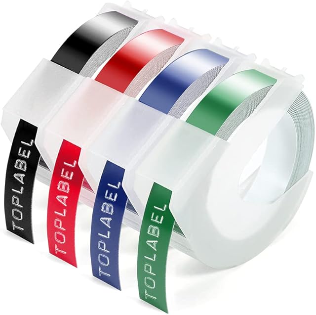 Unistar Embossing Tape Replacement for Dymo Omega Label Tape Self-Adhesive 9mm Embossing Tape 3D Vinyl Labels Black/Blue/Red/Green for Dymo Omega and Junior Embosser, Motex E-101 E-303 Label Maker