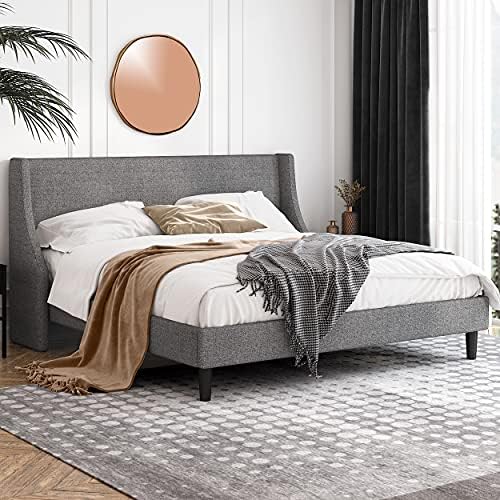 Einfach King Size Platform Bed Frame with Wingback Headboard/Fabric Upholstered Mattress Foundation with Wooden Slat Support, Light Grey