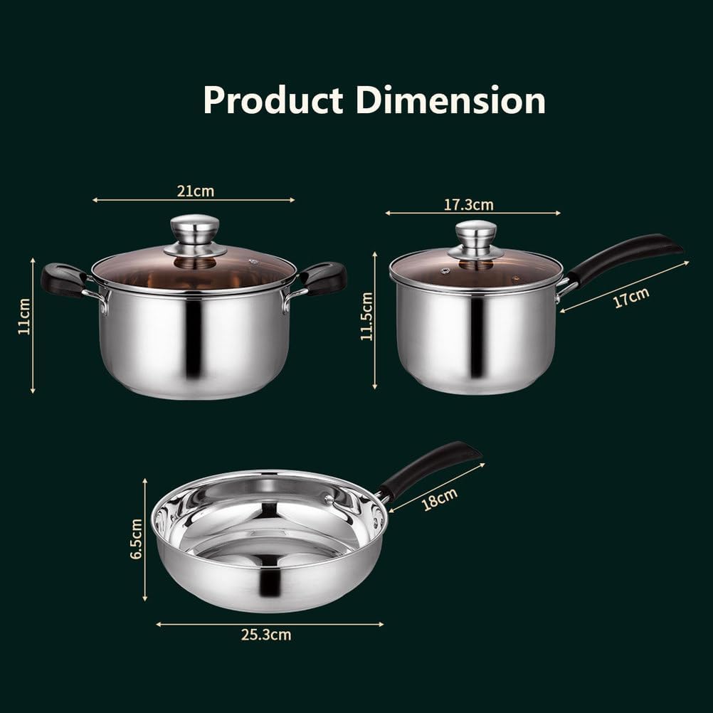 AIZYR Stainless Steel Cookware Set, Pots and Pans Set with Glass Lids, Cooking Set Includes Milk Pot, Soup Pot & Frying Pan
