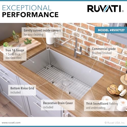 Image of Ruvati 27-inch Rounded Corner Undermount Kitchen Sinks Single Bowl - Durable 16 Gauge Stainless Steel Kitchen Sink with Brushed Finish hides scratches, Easy-to-Clean Undermount Sink - RVH7127