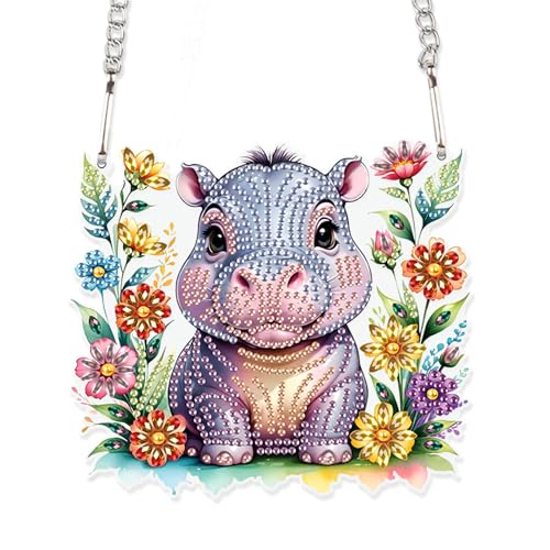 Image of AiYuanzsh DIY Diamond Art Painting Hanging Kit Hippo, Acrylic 5D Diamond Painting Pendant Ornament Board Kit, Home Garden Wall Door Diamond Art Hanging Ornament