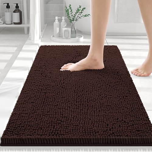 Smiry Luxury Chenille Bathroom Rugs 30x20, Extra Soft and Absorbent Shaggy Bath Mat, Machine Washable, Non-Slip Plush Carpet Runner for Tub, Shower, and Floor, Home Decor Accessories, Brown