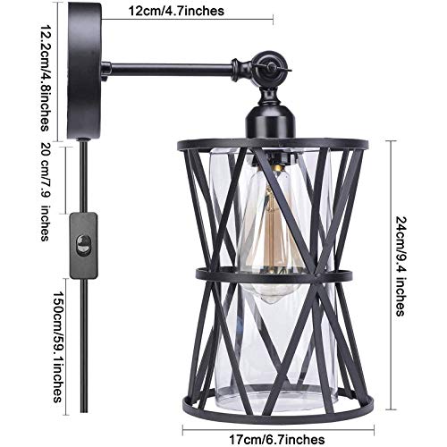 Aplique de pared ajustable retro E27 lámpara industrial de hierro orientable con enchufe 3