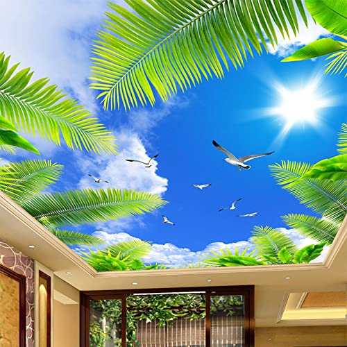 ZONOKI Papier Peint 3D Panoramique Plafond Ciel Bleu Nuages ​​Blancs Plage Arbre, Trompe L'Oeil Papier Peint Photo Poster Geant DéCor Mural - pour Le Mur de Fond Du...