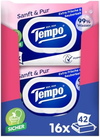Tempo Feuchte Toilettentücher "Sanft & Pur" - Megapack - 16 Packungen mit je 42 Tüchern - Duo Packs - feuchtes Toilettenpapier, dermatologisch getestet und pH-hautneutral