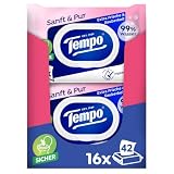 Tempo Feuchte Toilettentücher "Sanft & Pur" - Megapack - 16 Packungen mit je 42 Tüchern - Duo Packs - feuchtes Toilettenpapier, dermatologisch getestet und pH-hautneutral
