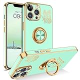 BENTOBEN iPhone 12 Pro Max Case, Phone Case iPhone 12 ProMax, Slim Fit Cute Butterfly Design Kickstand Ring Holder Shockproof Protection Soft Bumper Drop Protective Girls Women Boys Cover, Mint/Gold