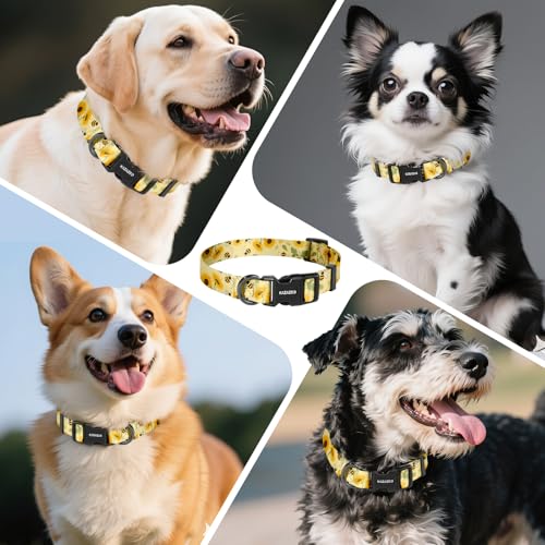 Image of Kazazoo Dog Collar Cute and Soft Nylon Puppy Collar for Boy and Girl Dogs, Adjustable Dog Collars for Extra Small Dogs, Bees and Sunflowers-XS