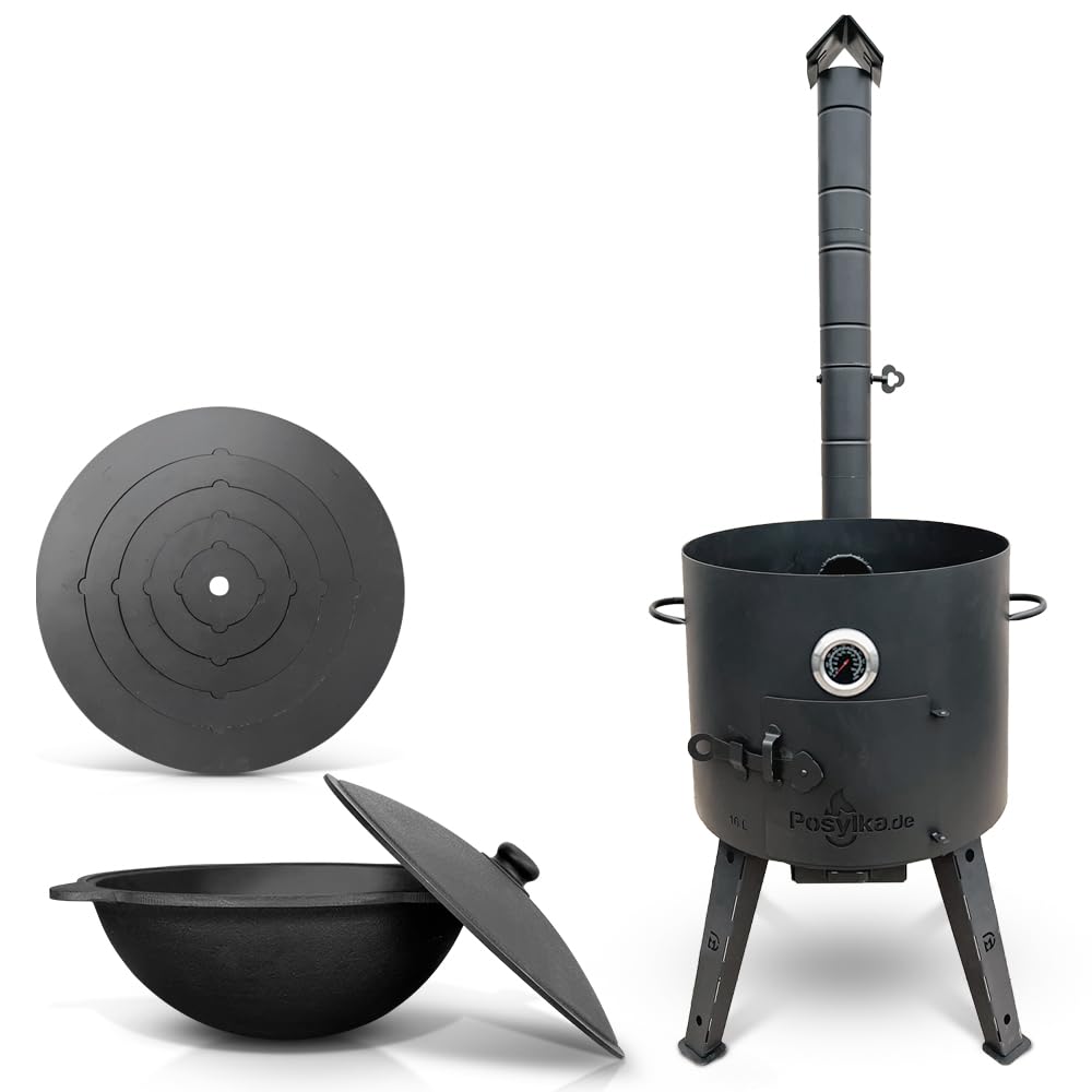 Termómetro para horno de 44 cm de diámetro, 5 anillas, 48 cm, hierro fundido, tapa redonda de 46,5 cm de diámetro, 16 L (set – 514)