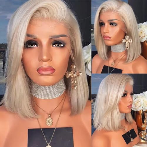 Mscathy Glueless Full Frontal 200% Density Champagne Blonde 13X4 Human Hair Bob Wig HD Lace Front Breathable Pre Plucked Transparent Lace Front Wigs for Women 8 Inch