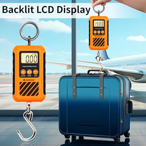 Image of UNIWEIGH Digital Hanging Scale,Mini Crane Scale 300kg /660lb with Hold&Tare | Postal Luggage Scale with LCD Display,Portable Handheld and Large Hook,Deer Scale for Garage Farms Hunting Fish Travel Hays