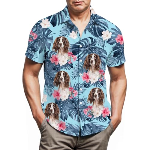 Lussues Nee English Springer Spaniel Hawaiian Shirts for Men,Button Down Beach Casual Shirtss Blue
