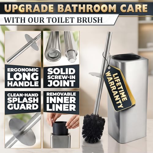 Image of Silver Toilet Brush and Holder Set - Upgrade Your Bathroom in Seconds - Stainless Steel Toilet Bowl Brush and Holder with 2 Rounded Corners, Replaceable Head, Removable Inner Bowl & Splash Guard Cover