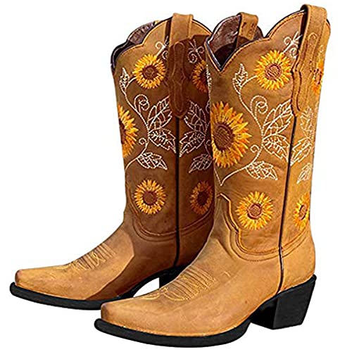 heelchic Women s Sunflower Printed Western Boots Cowgirl Round Toe Short Boots Embroidered Boots