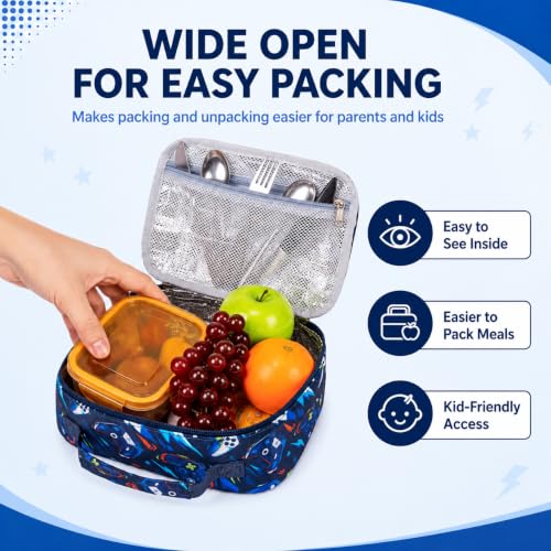 Image of CAMTOP Lunch Box Kids Boys Insulated Lunch Cooler Bag Reusable Lunch Tote Kit for School Travel (Dark Blue Star)