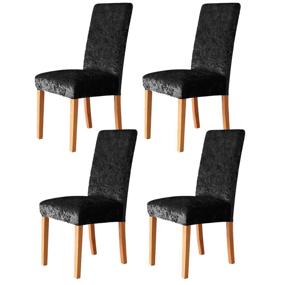 LIPOR Set of 4 Stretch Black Crushed Velvet Dining Room Chair Covers Soft Thick Chair Slipcovers for Dining Room Kitchen Decor Parsons Chair Seat Cover for Party Ceremony (4, Black)