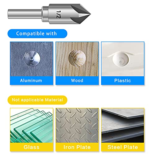 Countersink Drill Bit Set, 5 Pieces 1/4” 3/8” 1/2” 5/8” 3/4” High Speed Steel 1/4” (6Mm) Round Shank, 82 Degrees Counter Angle, 5 Flute Mill Cutter Bit Countersink Set, Silver #TOP5