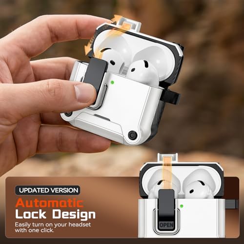 Image of Inesore for AirPods 4 Case with Secure Lock (White) | Phone Stand Design,Compatible with MagSafe,Automatic Snap Switch Secure Cover with Cleaner Kit & Keychain