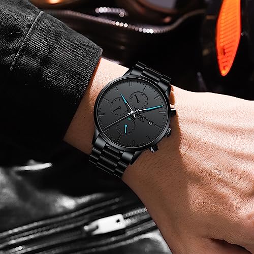 Image of NIBOSI Men's Watches Analog Minimalist Black Dial Watch for Man Business Chronograph Casual Watches Stainless Steel Strap Date