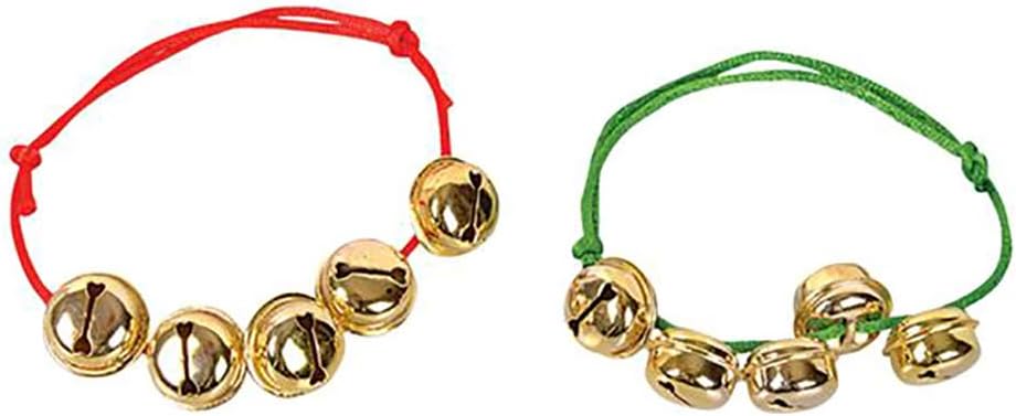 The Dreidel CompanyChristmas Jingle Bells Necklace & Bracelet Set, Green & Red Bands with Hanging Jingle Ball Bells (24-Pack)