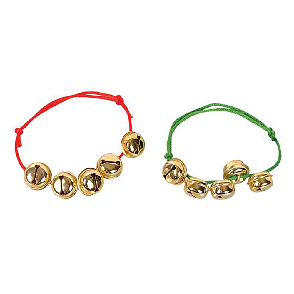 The Dreidel Company Christmas Jingle Bells Bracelet, Green & Red Bands with Hanging Jingle Ball Bells (12-Pack)