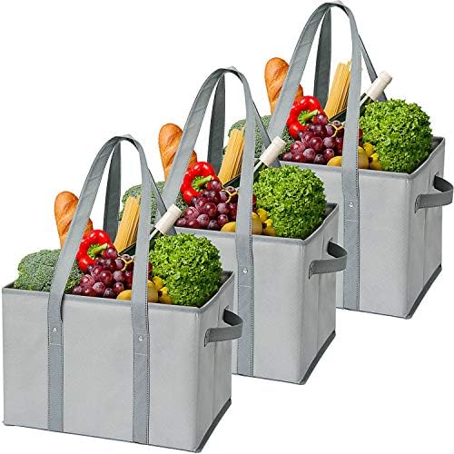 Reusable Grocery Bags 3 Pack,WiseLife Large Shopping Bags Storage Baskets Durable Collapsible Foldable Tote Bags Storage Boxes Bins Cubes for Groceries Clothes Books, Reinforced w/Long Handles
